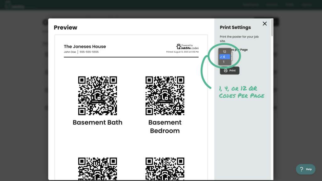 QR code printing options