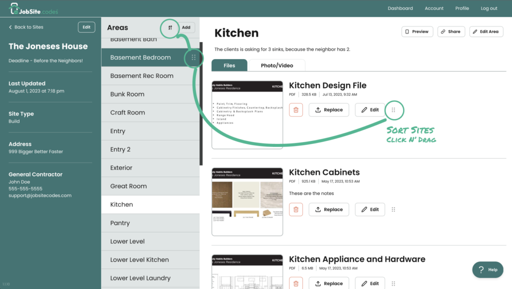 Site sorting functionality